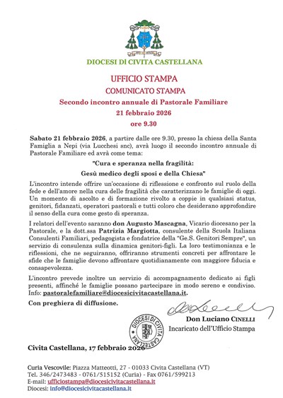 Ufficio Stampa - Secondo incontro annuale di Pastorale Familiare 21 febbraio 2026 ore 9.30